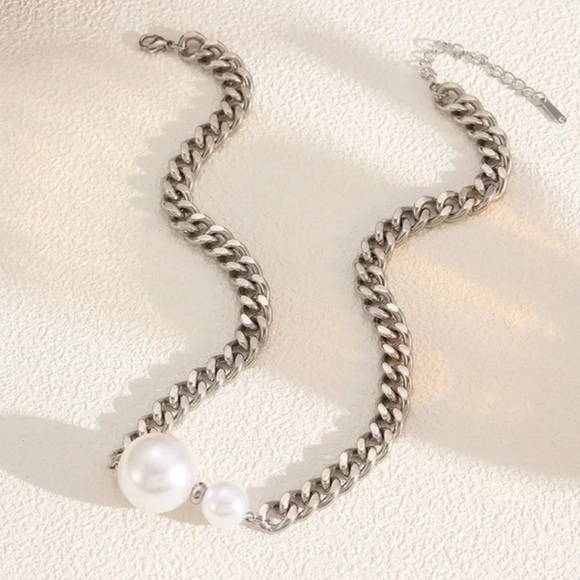 Chunky Pearl Statement Necklace – Waterproof Stainless Steel - Picture 1 of 6